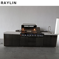 Cuisine extérieure modulaire de luxe en acier inoxydable 304, ensemble complet avec réfrigérateur, évier et grils à gaz, armoire, plan de travail en marbre