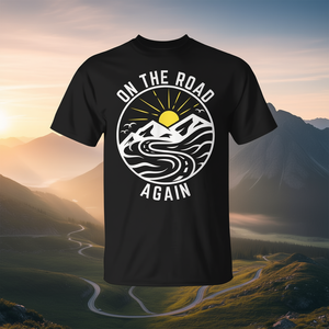 Camiseta On The Road Again, diseño de montaña, viajes de aventura, color negro, unisex, talla para adultos - Product Image 3