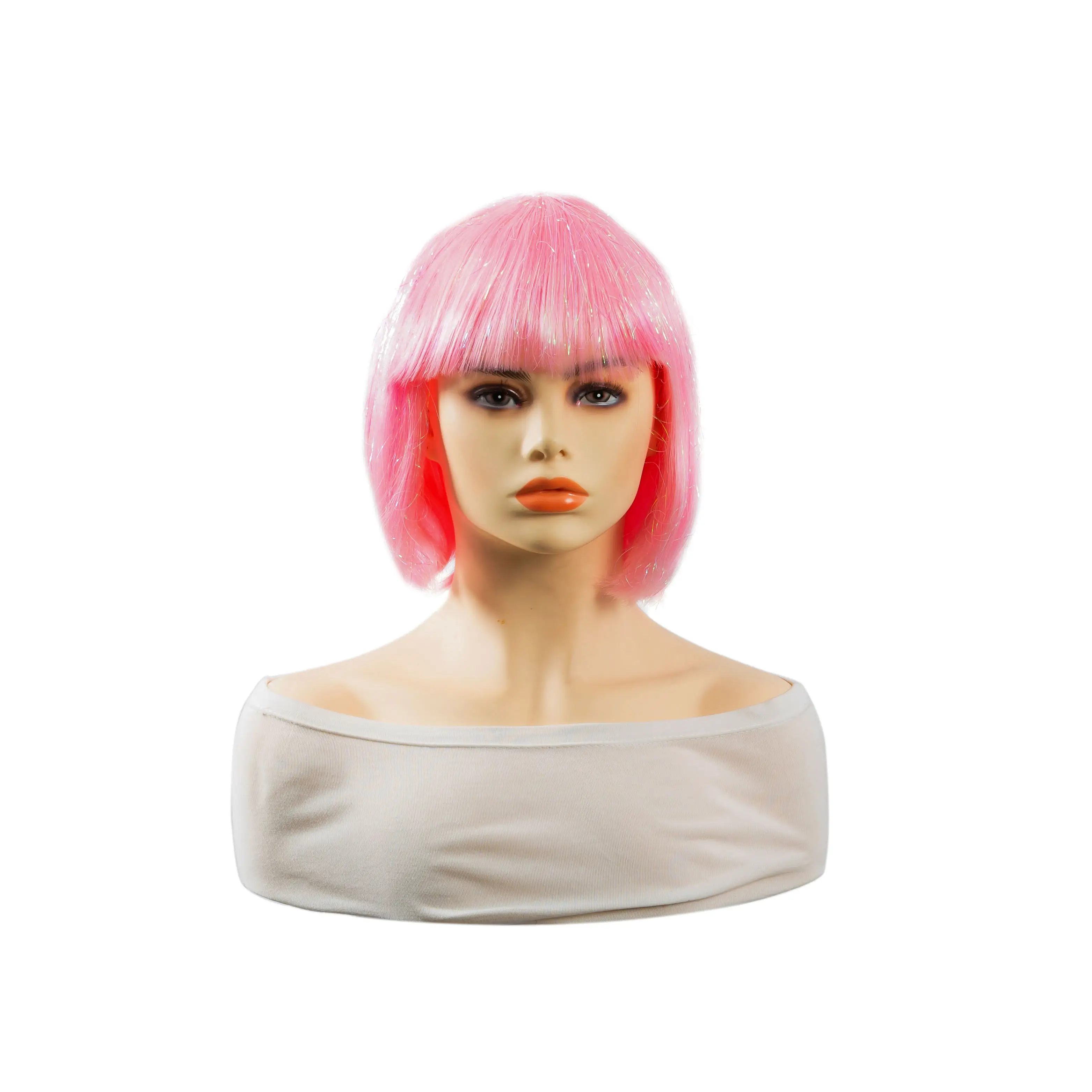 Anxin Perruque synthétique de haute qualité, couleur 12 pouces, perruques Bob Hair avec franges, perruque BOB Tinsel rose