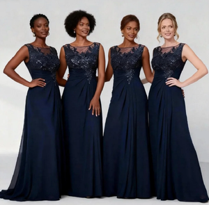 <span class=keywords><strong>Abiti</strong></span> da Cerimonia Blu Navy con Paillettes in Chiffon per Madre <span class=keywords><strong>della</strong></span> <span class=keywords><strong>Sposa</strong></span>, Linea A, <span class=keywords><strong>Taglie</strong></span> Forti, Senza Maniche, Lunghezza a Terra - Product Image 1