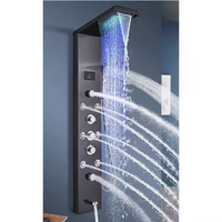 Panneau de douche thermostatique contemporain à deux poignées en acier inoxydable avec chute de pluie et cascade, système de bec de baignoire à finition brossée