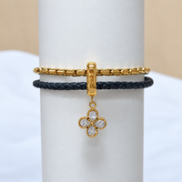 Bracelet double couche pour femme en acier inoxydable plaqué or, chaîne à billes, cordon en cuir tressé, charme trèfle à quatre feuilles en zircon cubique