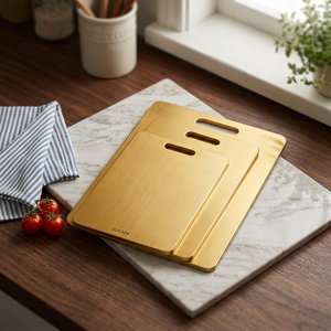 Planche à découper double face en acier inoxydable jaune doré, antibactérienne, résistante à la moisissure, portable, pour usage domestique et commercial - Product Image 3