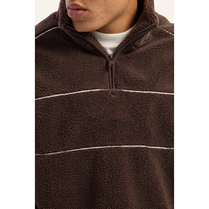Felpa Oversize da <span class=keywords><strong>Uomo</strong></span> <span class=keywords><strong>con</strong></span> <span class=keywords><strong>Mezza</strong></span> <span class=keywords><strong>Zip</strong></span> e Logo Personalizzato, Pullover in Pile Marrone a Righe, Abbigliamento Casual Streetwear Invernale - Product Image 4