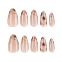 Kuku Palsu 3D Mewah Gaya Prancis Motif Leopard Emas Almond Nail Art Formal Bisnis Elegan Set Manikur 4537