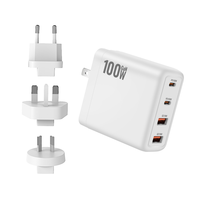 Chargeur mural GaN 100W Max, adaptateur de charge rapide 4 ports, double PD 100W QC 18W, chargeur pour ordinateur portable et téléphone avec prises EU, UK, AU pour le monde entier