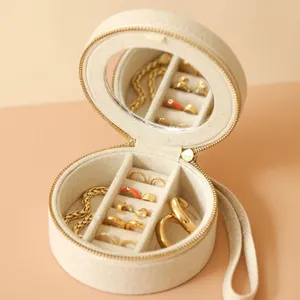 Customize canvas storage case with mirror women linen organizer case zip small round velvet travel jewelry boxes