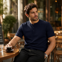 Chemises Henley pour hommes, manches courtes, coupe ajustée, 260 grammes, uni, ultra-extensible, texture en maille, t-shirt Henley décontracté avec 3 boutons