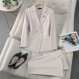 Women's Pink <b>Blazer</b> Suit <b>Set</b> Double Breasted Office Lady Style Anti-Wrinkle Pencil Pants Professional Work Wear - Product Image 4