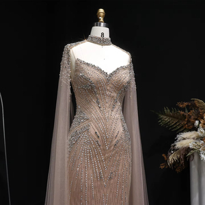 Jancember LSZ151 Luxury Blue Evening <strong>Dress</strong> Mermaid Beaded Prom Gown With Cape Sleeve Party - Product Image 5