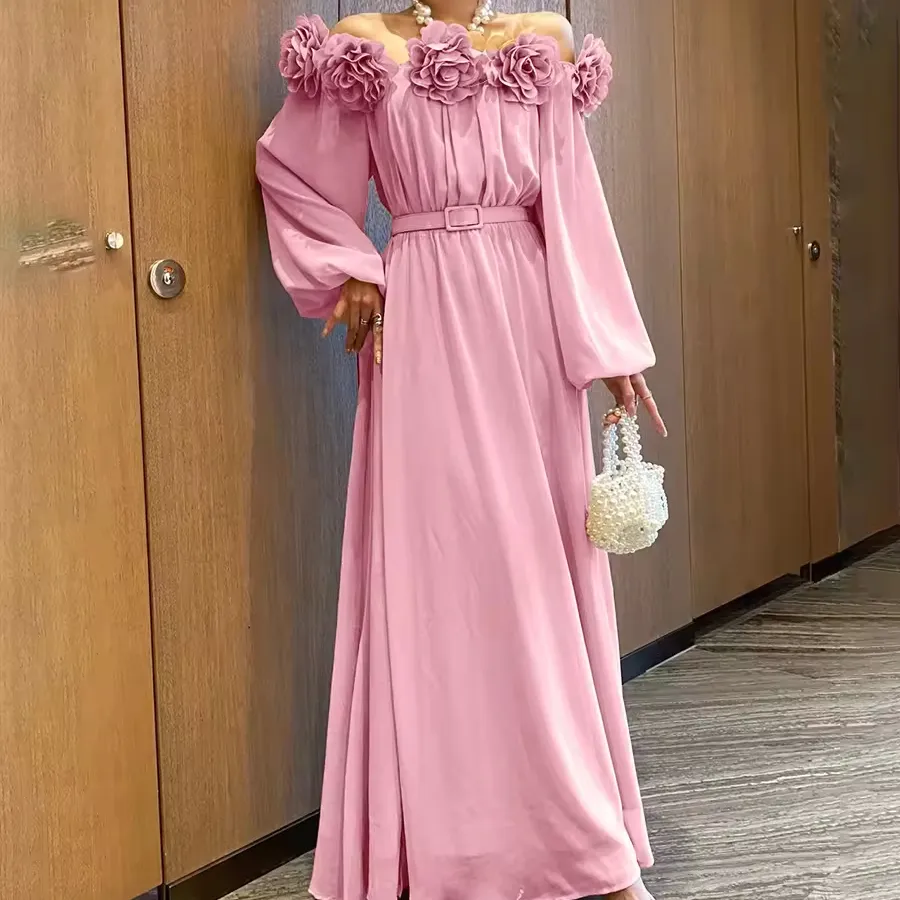 Bettergirl yaz yeni 3D çiçek pembe uzun elbise kadın giyim 2024 pilili kemer gevşek tatil zarif kadın elbiseleri