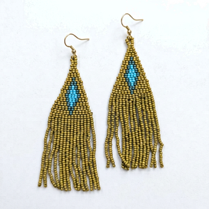Pendientes Colgantes Shan India Boho con Cuentas de Semillas y Flecos, Chapados en Oro, con Patrón Geométrico Azul Oliva, para Mujer, Fiestas, Bodas, Ropa de Playa - Product Image 1