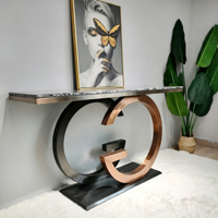 Table console moderne et créative en acier inoxydable bicolore, durable, avec plateau en marbre, style minimaliste et luxueux, pour entrée, salon ou hôtel