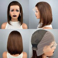 Perruque BOB Courte et Droite en Cheveux Humains, Style Européen et Américain, Marron, Naturelle et Réaliste, avec Raie au Milieu et Dentelle Frontale