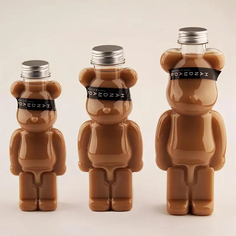 מכירה חמה 350 מ""ל 500 מ""ל 700 מ""ל בצורת דוב בעלי חיים בקבוק פלסטיק שקוף PET עם מכסה אלומיניום