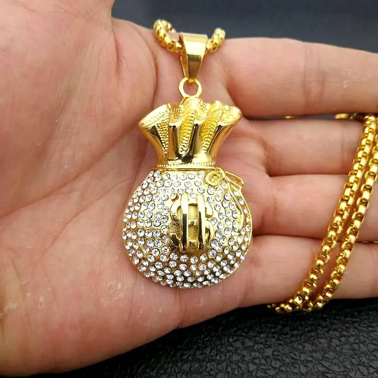 Hiphop 18k banhado a ouro diamante Euro dólar bolsa de dinheiro pingente colar joias para homens