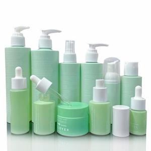 Emballage de soins de la peau personnalisé de luxe, flacon de lotion en verre givré vert mat de 30 ml, 50 ml, 100 ml, pots cosmétiques et flacon de sérum - Product Image 1