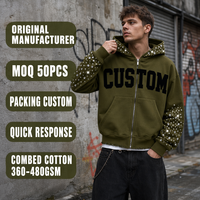 Sweat à capuche zippé intégral pour homme, personnalisé, en molleton de coton olive 400 GSM, avec strass, à épaules tombantes, côtelé, coupe ample et oversize, style streetwear