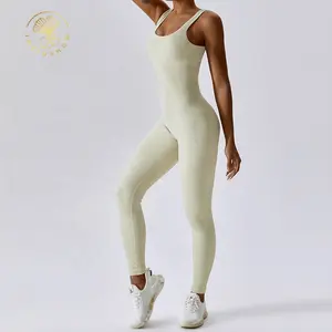 Haute qualité tricoté imprimé contrôle du ventre femmes Gym Yoga combinaison une pièce vêtements actifs sans manches barboteuses femmes combinaisons 2023