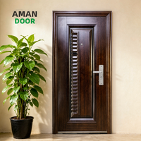 Porte de sécurité en acier grain de bois rouge foncé, panneaux ondulés bicolores gaufrés, poignée œil-de-chat argentée, classique, extérieur, best-seller Afrique