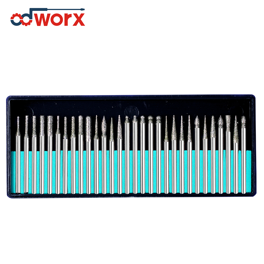 Алмазный шлифовальный станок ODWORX с хвостовиком 3 мм, игловидная точка, гравировка, резьба, полировка стекла, нефрита, камня, набор роторных инструментов, 30 шт.