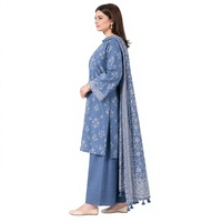 Ensemble Salwar Kameez pour femmes, imprimé floral bleu, avec dupatta, en tissu lawn, coupe ajustée, style modeste, pour tous les jours