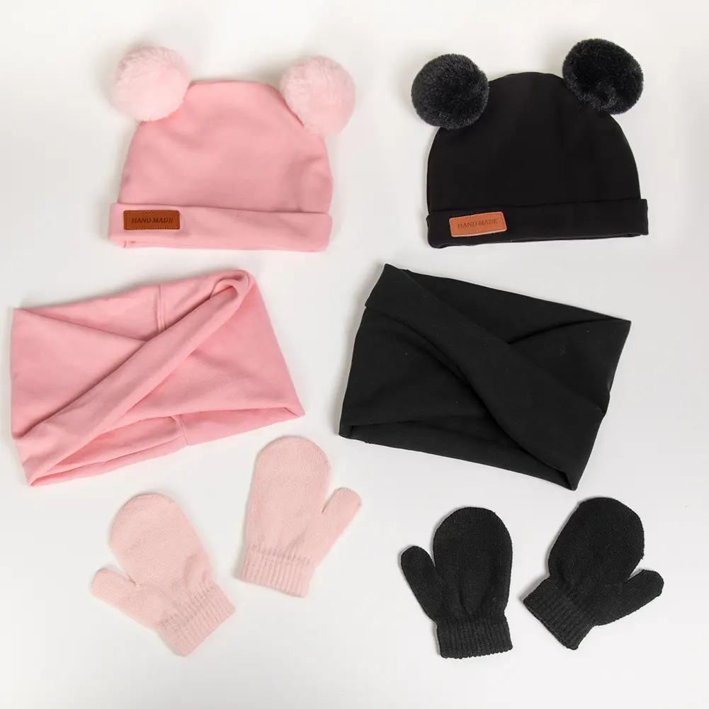 3 사진/세트 겨울 아기 모자 스카프와 장갑 조합 가짜 캐시미어 따뜻한 터번 아기 헤어 액세서리