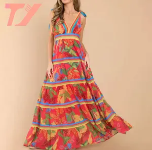 TUOYI Customized Digital Print Boho Floral Dress Women Summer Factory Casual Fashion Beach Sun Maxi Bohemian Dress