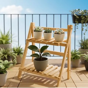 Support pour plantes en bois à double couche, pliable, pour l'intérieur et l'extérieur, étagère de jardin pour pots et fleurs, design minimaliste - Product Image 1