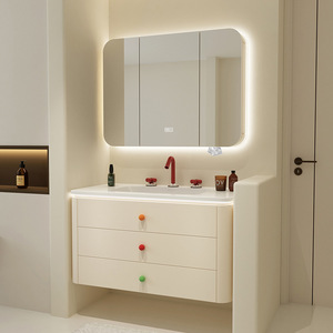 French cream wind double-layer rock seamless integrated basin <b>wall</b> mounted intelligent <b>mirror</b> cabinet bathroom cabinet - Product Image 4
