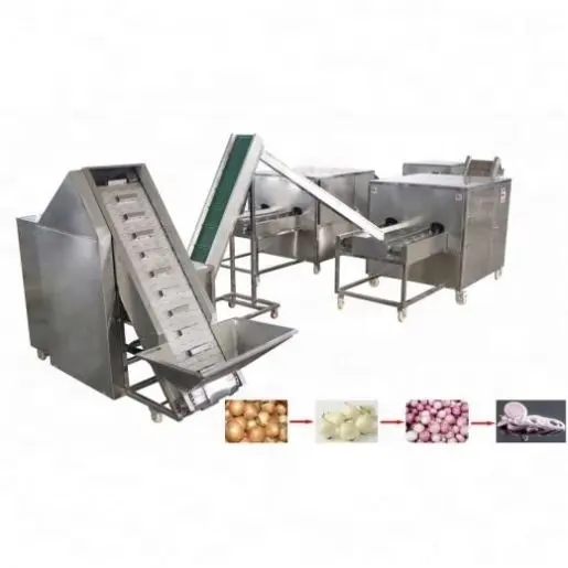 Small onion peeling root cutting and slicing processing line