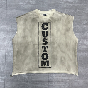 Benutzer definierte 100% Baumwolle DTG Druck Grafik Crop ärmelloses T-Shirt Säure gewaschen schmutzig gewaschen T-Shirt Distressed Raw Hem Tank Top - Product Image 1