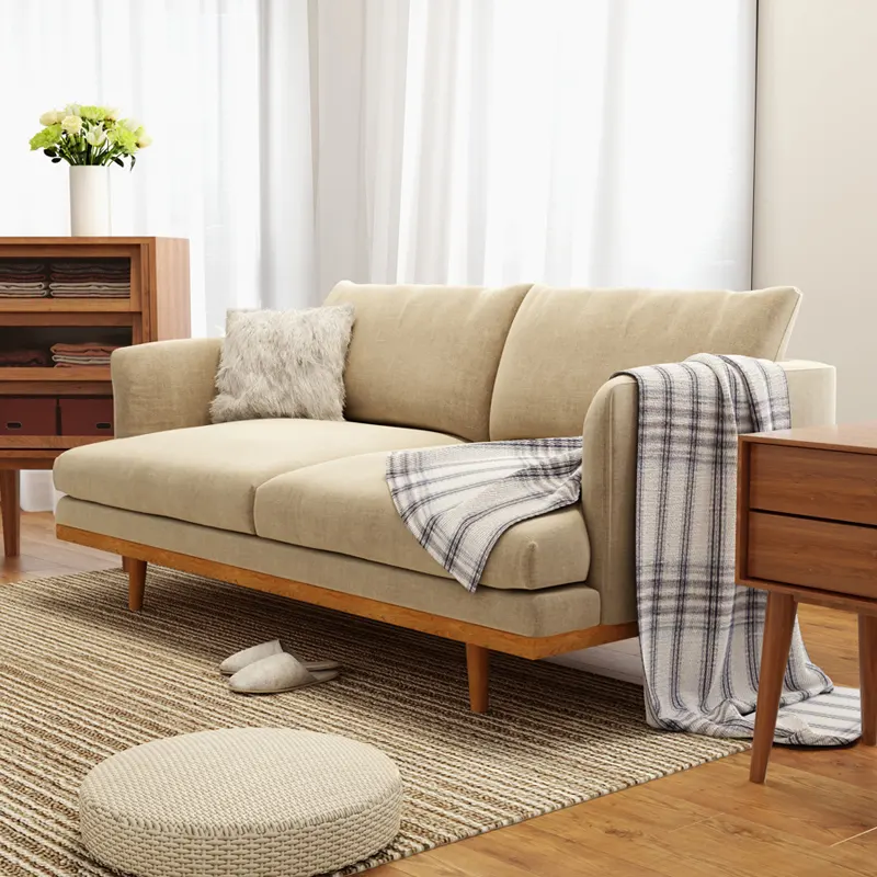 Japanese Apartment Home Living Room Beige Deep Seat Microfiber Fabric Sofa