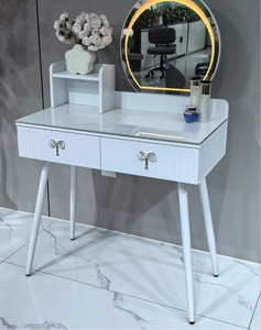 Wholesale Modern Bedroom Dressing Furniture <b>LED</b> Round <b>Mirror</b> <b>Makeup</b> Vanity Desk With Storage Drawers And Stool - Product Image 1