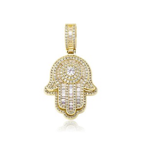 Collar de Metal Dorado, Plateado y Rosado para Hombre, Colgante de Mano Hamsa con Circonita Cúbica Baguette, Estilo Iced Out con Cadena de Cuerda, Joyería Hip Hop - Product Image 6