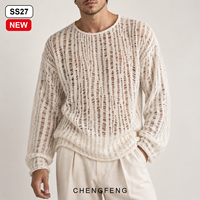 Pulls unis pour hommes, blanc cassé, semi-transparents, à rayures verticales, tricotés au crochet, à manches longues, col rond, fabricant