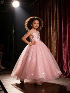 Robe de bal en tulle à col carré et imprimé étoiles pour filles, broderie florale, robe de fête d'anniversaire pour enfants - Product Image 1