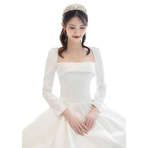 Long Sleeve Square Neck Satin A-Line Backless Wedding Dress Floor Length Train Hepburn Style - Product Image 5