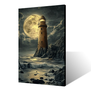Hiện đại ven biển ngọn hải đăng phong cảnh tường nghệ thuật kỹ thuật số in cảnh biển bầu trời đêm đại dương sóng ánh trăng cảnh quan trang trí vải - Product Image 4