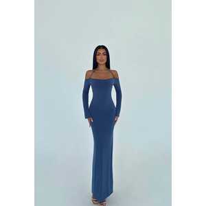 Robe de soirée indigo à manches longues avec lien à nouer - Product Image 3