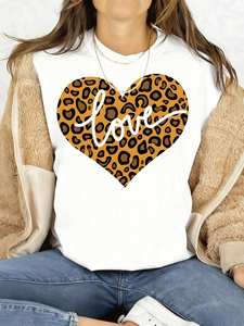 T-shirt Kawaii Love Leopard Heart da donna oversize a maniche corte girocollo 100% cotone top casual primavera estate - Product Image 3