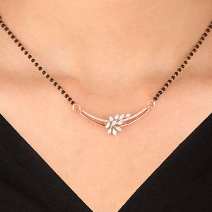 Collier Mangalsutra en Diamant de Laboratoire à Motif Feuille Élégant, Plaqué Or 14 carats, Chaîne à Perles Noires, Coupe Marquise, Personnalisé, Tendance - Product Image 2
