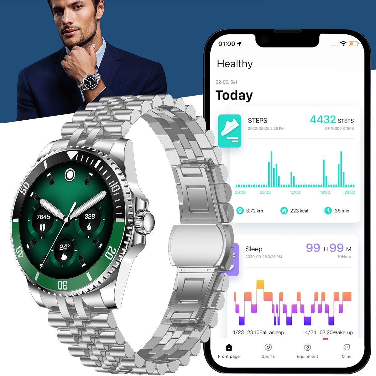 Boîtier vert et bracelet en acier argenté