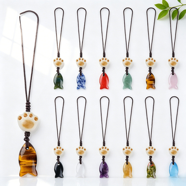 Wholesale Healing Crystal Fish & Cat Paw Phone Charm Mixed Stone Carved Animal Mobile Phone Strap Gift