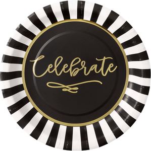 FDA Approved 9-Inch <b>Disposable</b> Black and Gold Foil Round <b>Plate</b> 350gsm White Board Party Supplies - Product Image 1