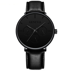 Venta caliente de tres ojos,. Los hombres de la correa de cuero de la PU de <span class=keywords><strong>Ginebra</strong></span> reloj de cuarzo con bajo precio relojes - Product Image 2
