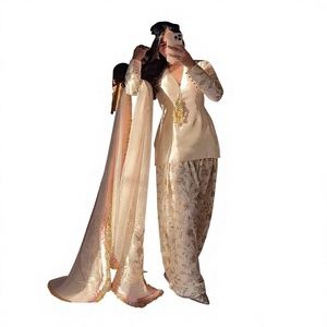 Elegant White Silk Salwar Kameez With Blue Dupatta Embroidered Ankle-Length Women's <b>Wedding</b> Wear India Pakistan Regular Fit - Product Image 1