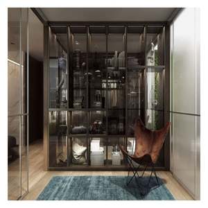 Armoire moderne en bois massif avec panneaux de verre encadrés d'aluminium noir et décoration de barre lumineuse - Product Image 4