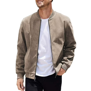 Pantone <b>Men</b> <b>Suede</b> Bomber <b>Jacket</b> Stand Collar Zip up Casual Regular Fit Autumn Outerwear Solid Color Cotton Filled Other Lining - Product Image 1