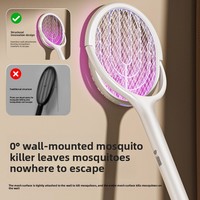 Raquette anti-moustiques électrique LED rechargeable 2-en-1 pliable, tapette à mouches rotative à 180°, destructeur d'insectes portable d'intérieur, indice IP33, USB